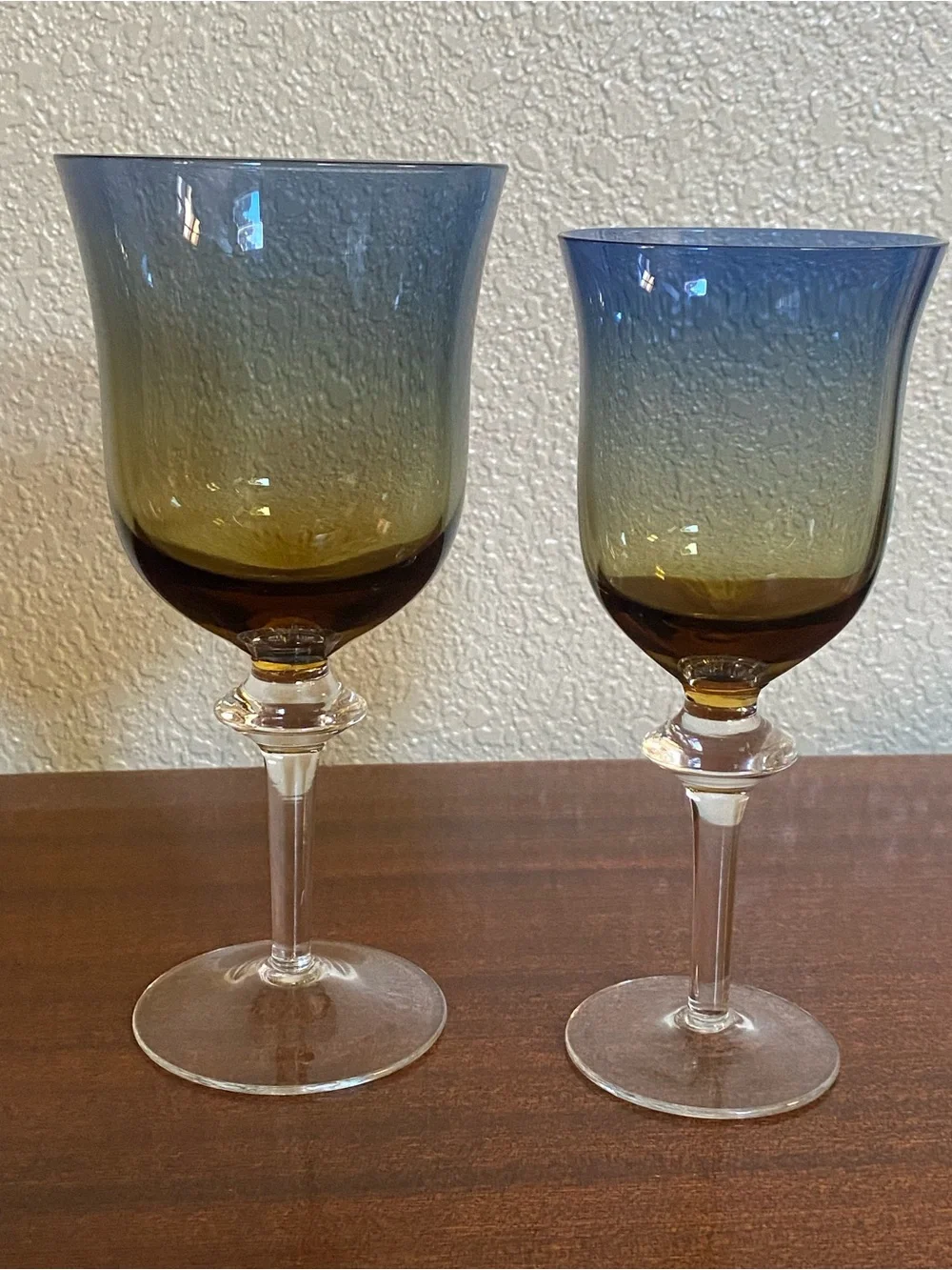 Rare Pair Vtg Ombre Blue & Amber Stemmed water Wine Glasses Handblown Sweden
